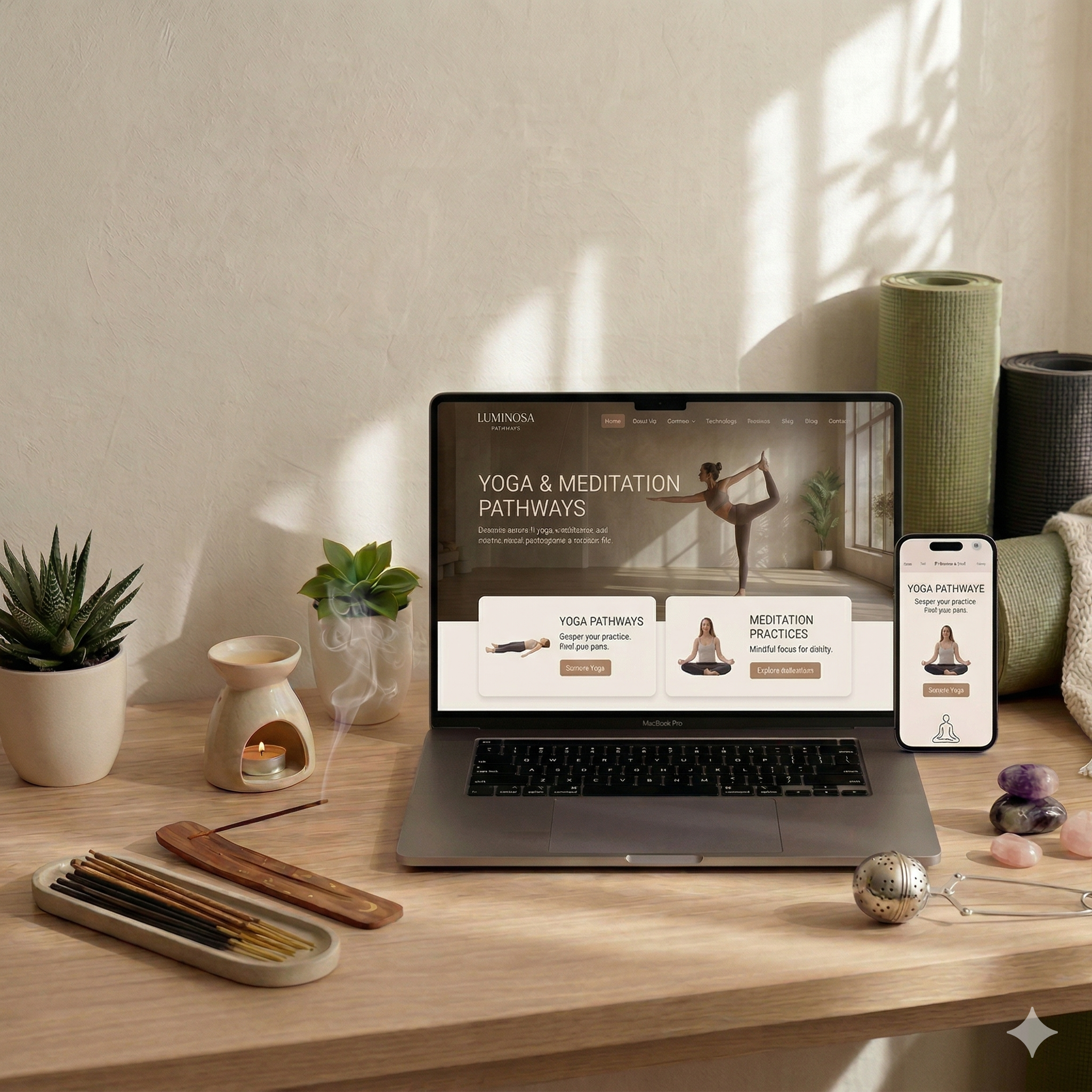 Serene wellness workspace with lapop, tea, and plants